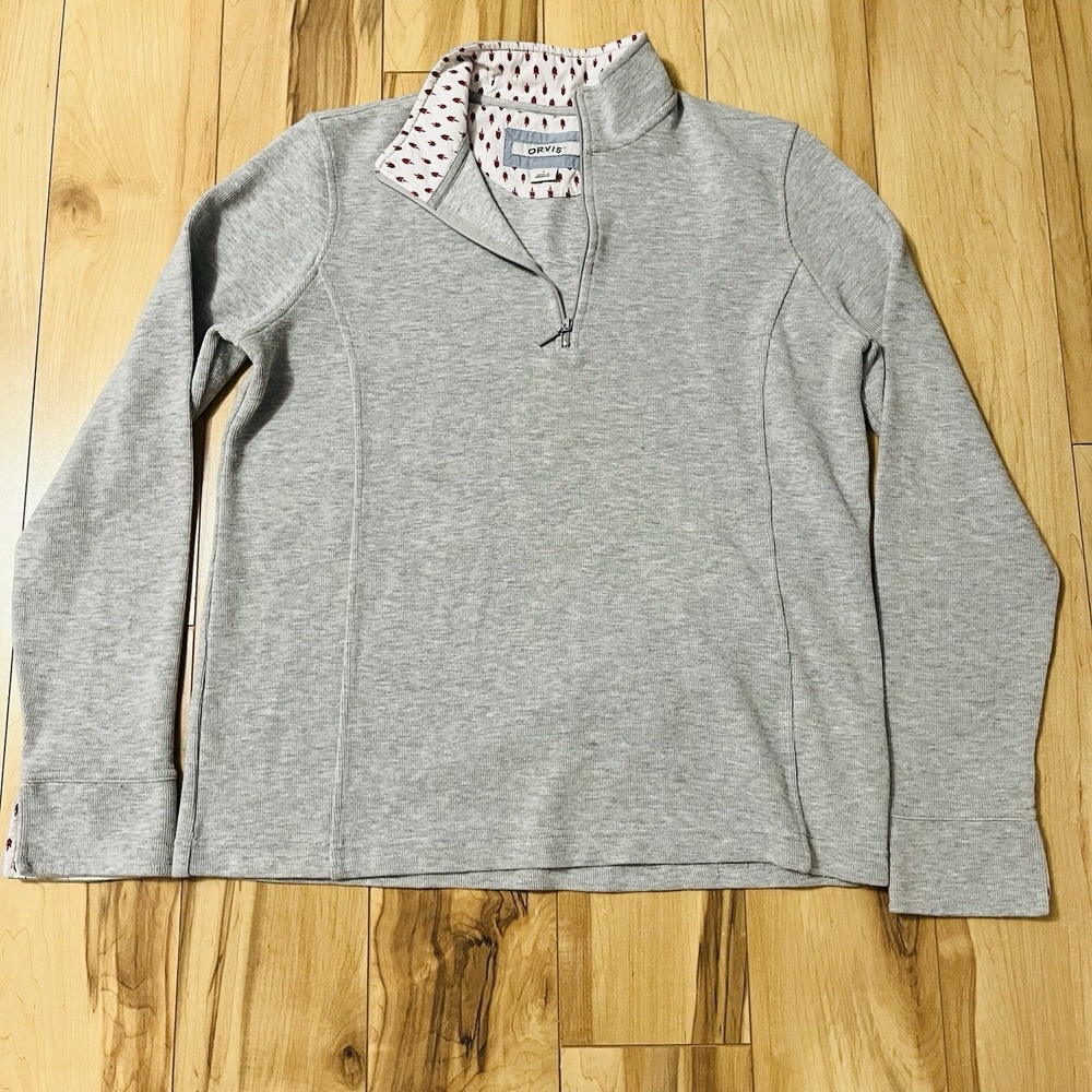 Orvis Women's 1/4 Zip Ribbed Sweatshirt Floral Trim Gray Sz L Mock Neck Fitted